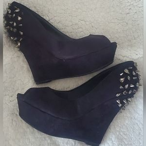 Faux Suade Peep Toe Wedge with Spikes